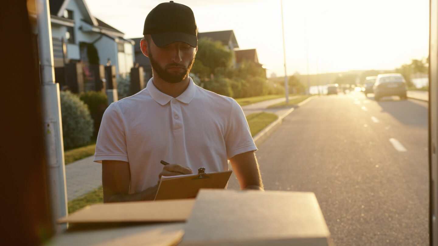 A courier delivers a package as the last step in the last-mile delivery.
