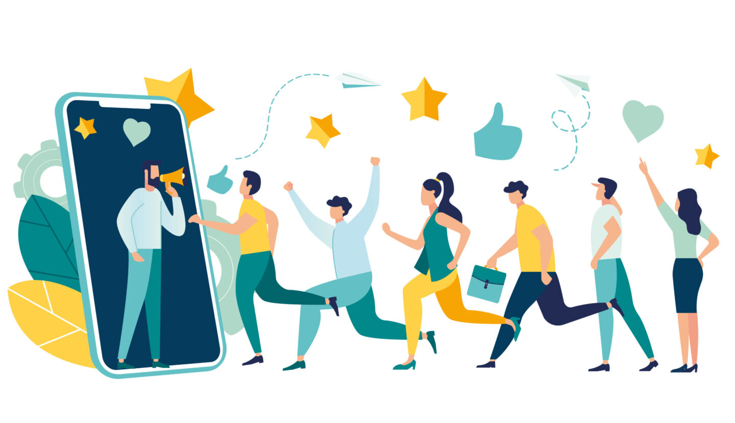 A vector illustration shows a line of people going to a digital platform that can help with attaining consumer loyalty.
