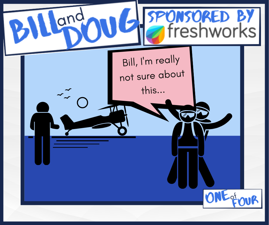 A comic strip showing two people delivering a faster customer service