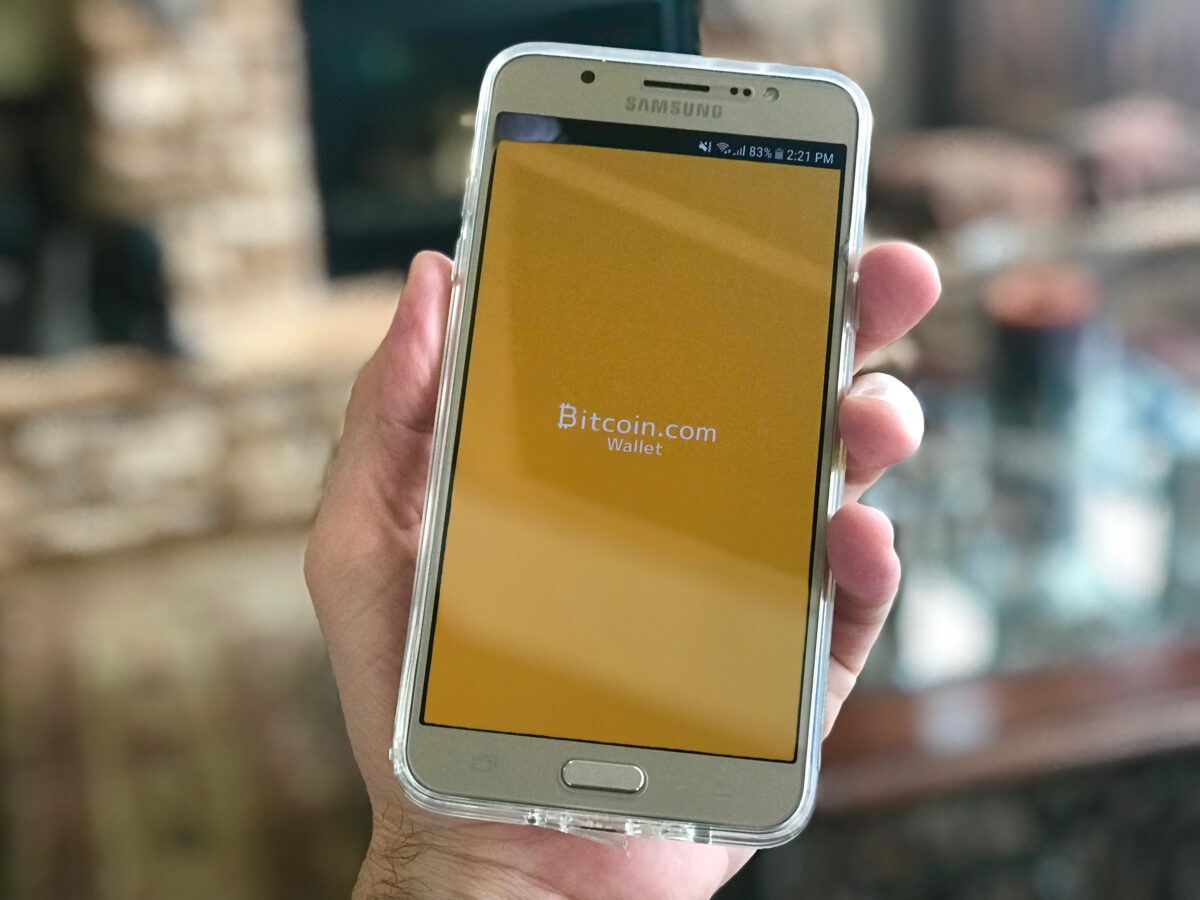 A person holding a phone with bitcoin wallet on the screen