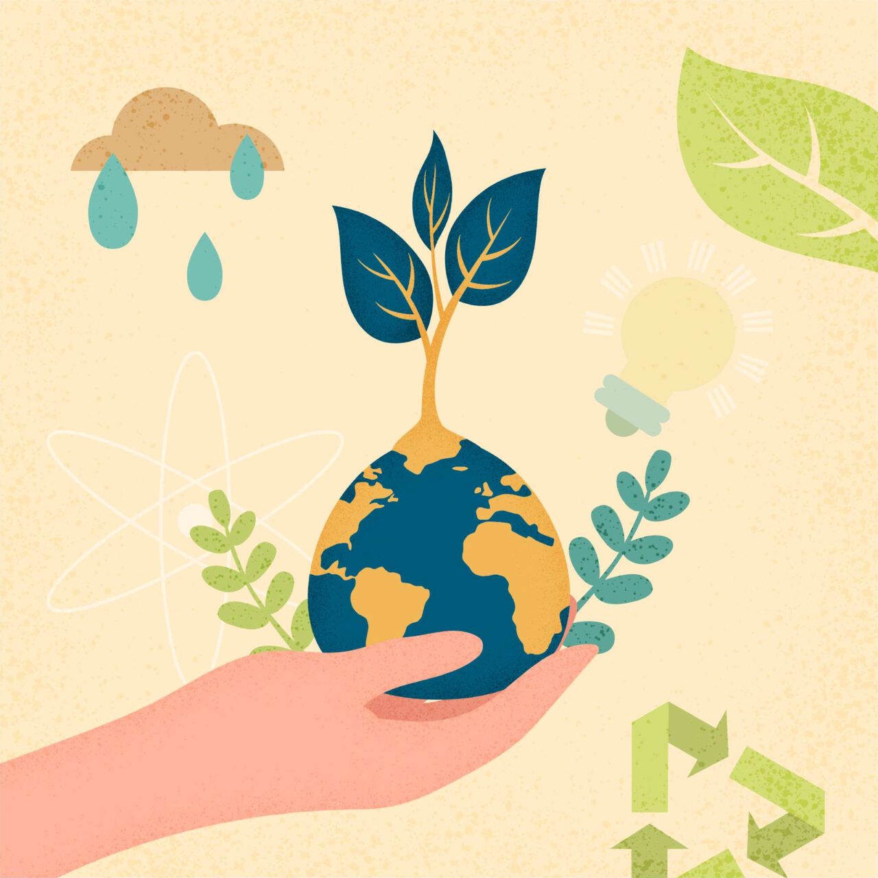 A vector picture shows a hand holding a sustainable world.