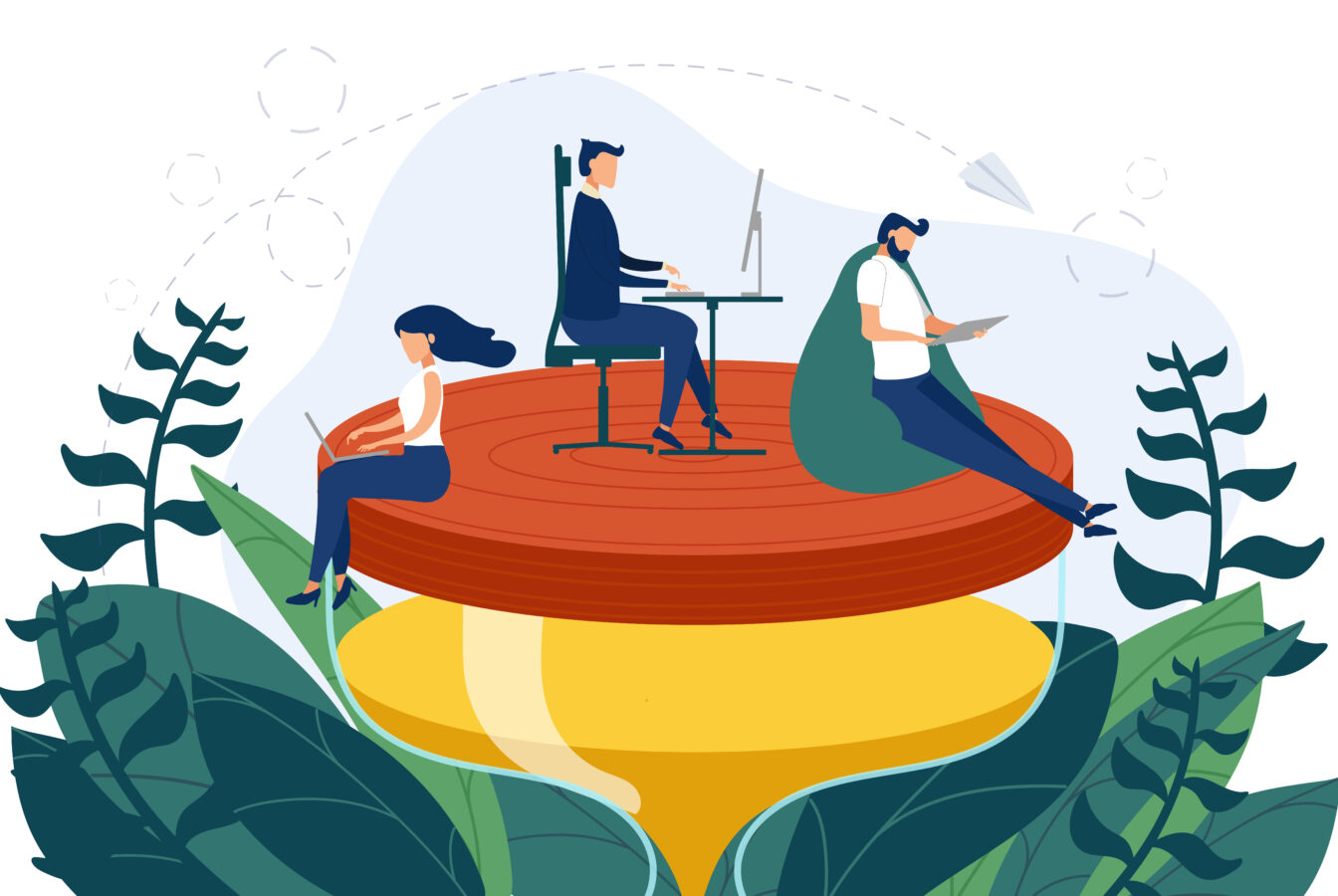 An illustration shows people working on an hourglass and a tree, which represents employee wellbeing.