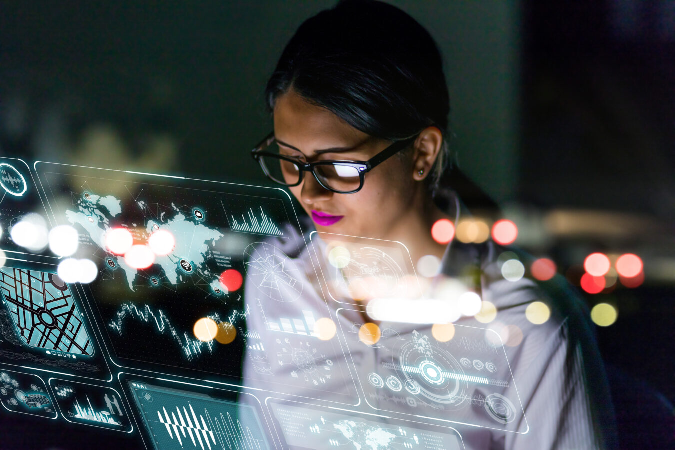 a young woman looking at data analytics and the fist intelligent search assistant