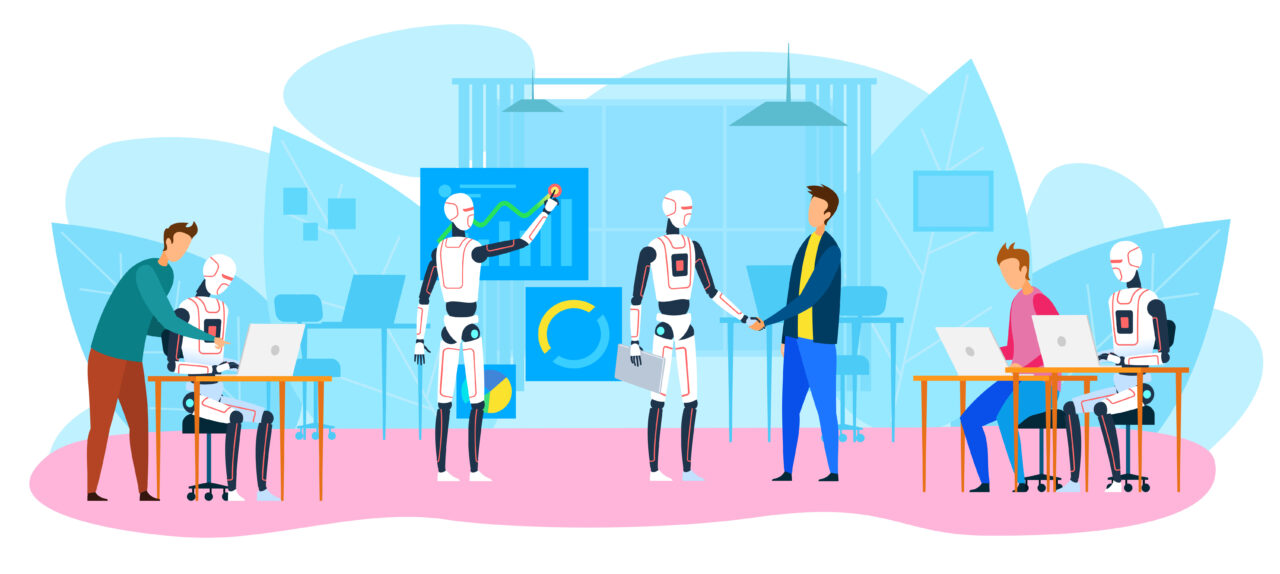 An illustration shows people working with robots to improve CX technology.