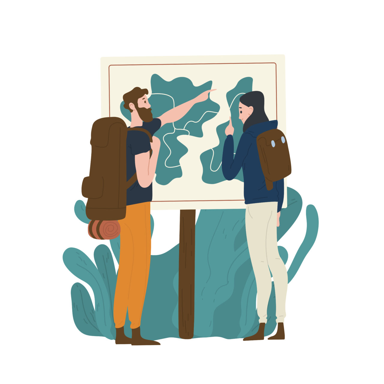 An illustration of two people exploring a map that stands for customer value journey.