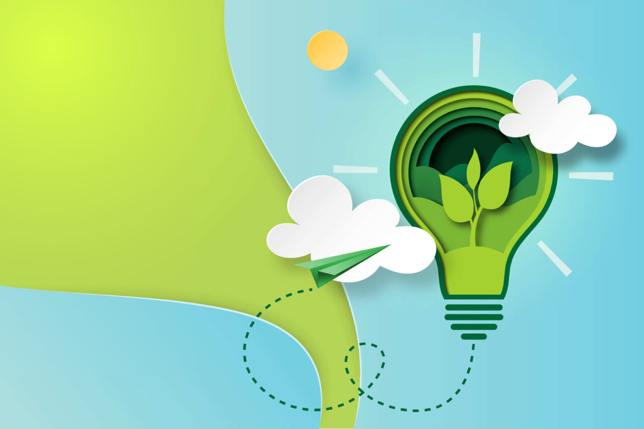 An illustration of a green paper bulb stands for the Spotify sustainability report.