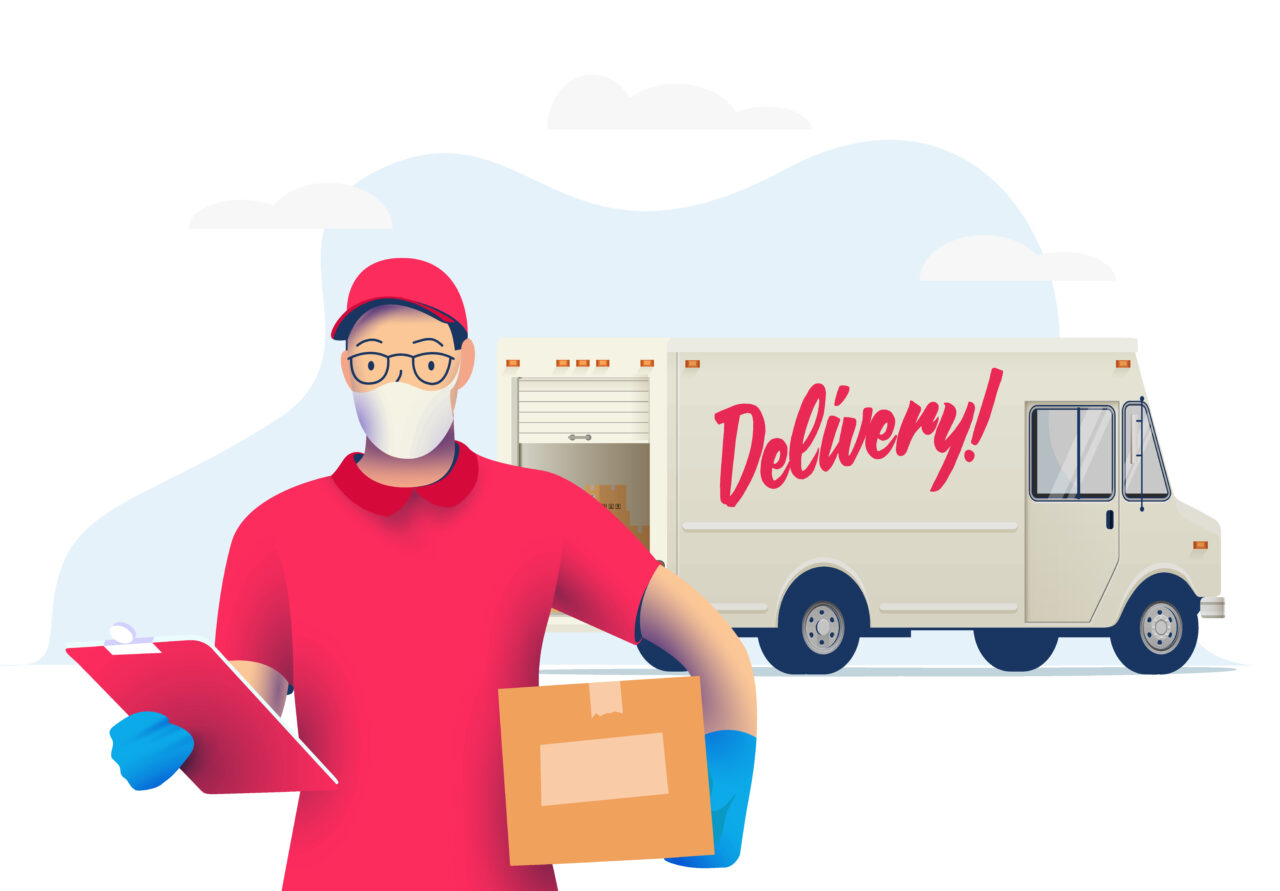 The illustration shows a man carrying a package out of a delivery truck.