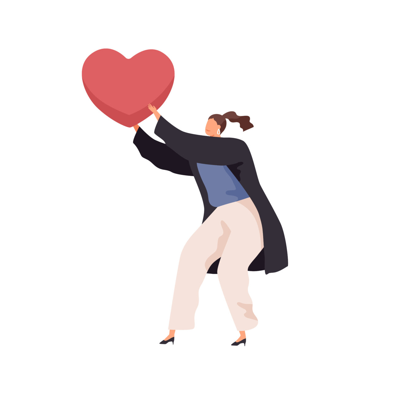 A vector illustration of a woman holding an emoji heart.
