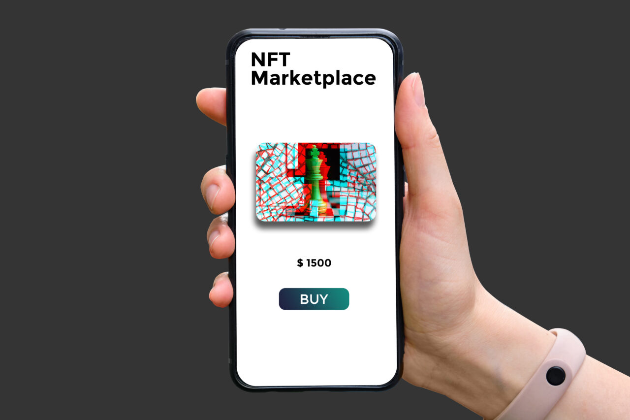 an image showing how the NFT market place look like on a mobile phone. 