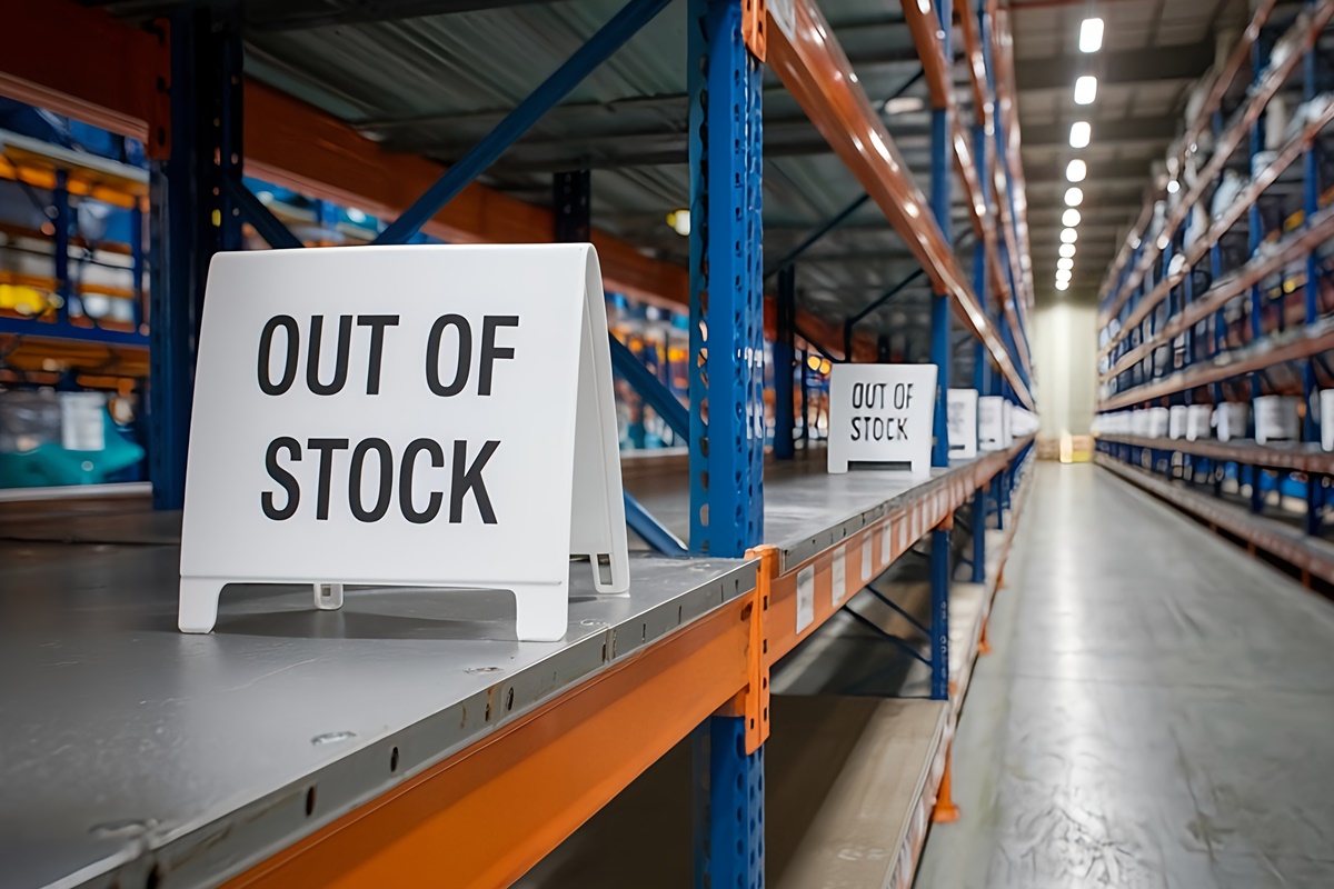 Out of stock sign in empty warehouse.