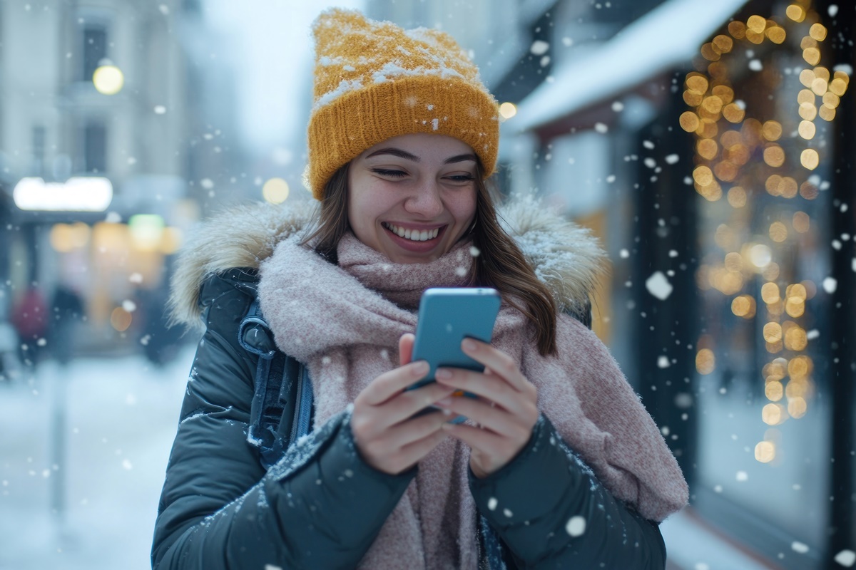 Smiling woman using mobile phone