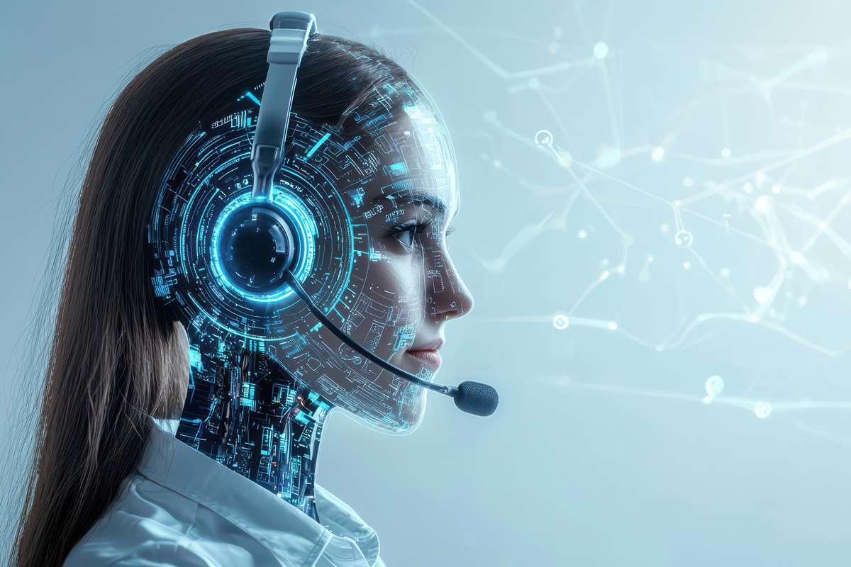 Futuristic woman with a digital headset, blending technology and human interaction, symbolizing innovation in communication, ai call center concept