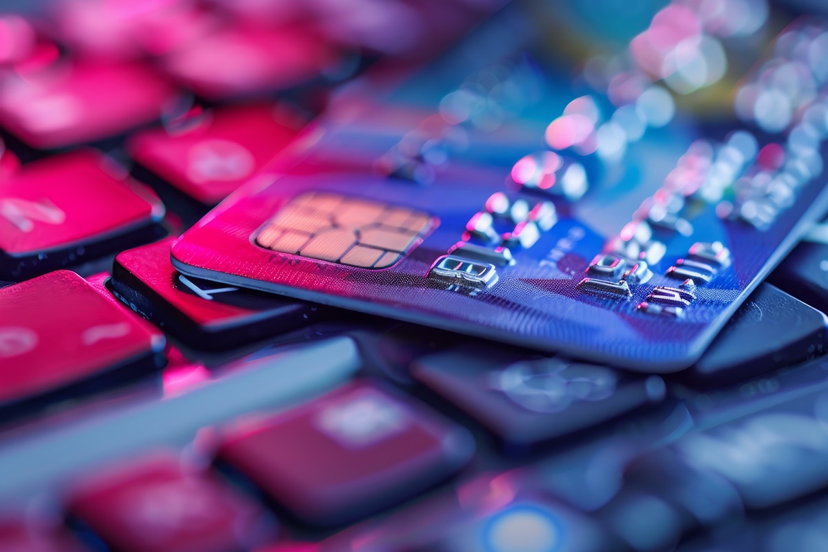 Blue credit card is laying on a black computer keyboard with colorful lights in the background