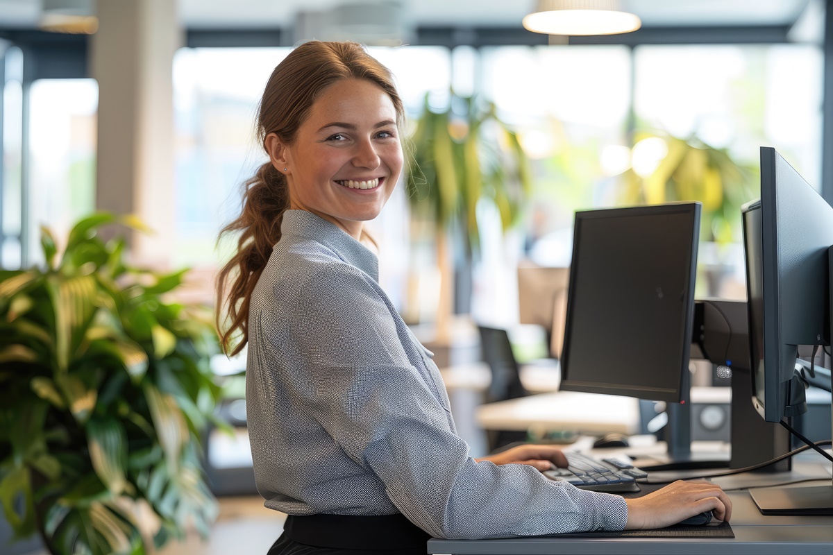 Happy employee at standing desk adjusting height for ergonomic comfort at work.