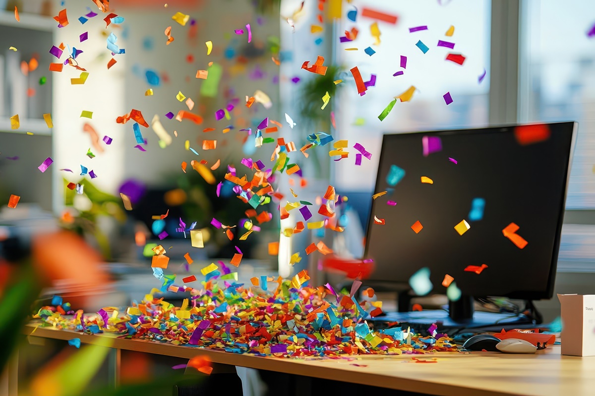 An office setting filled with colorful confetti