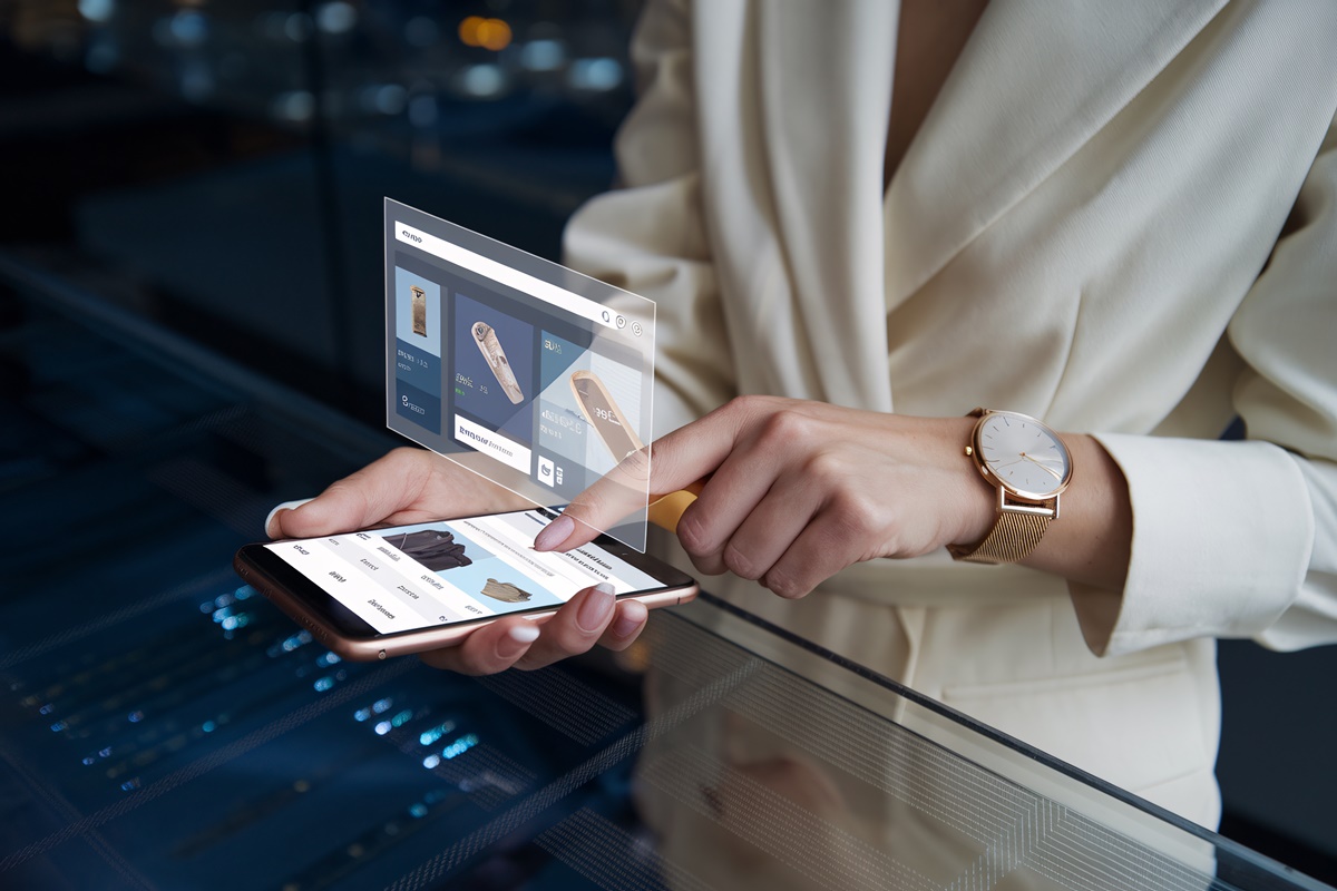 woman holding phone browsing shopping app