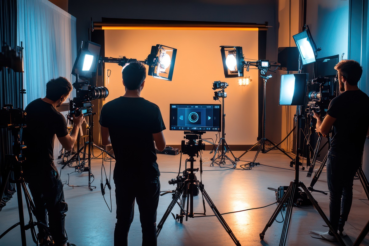 A small business video production studio with a team setting up cameras and lighting, professional atmosphere with high-end equipment