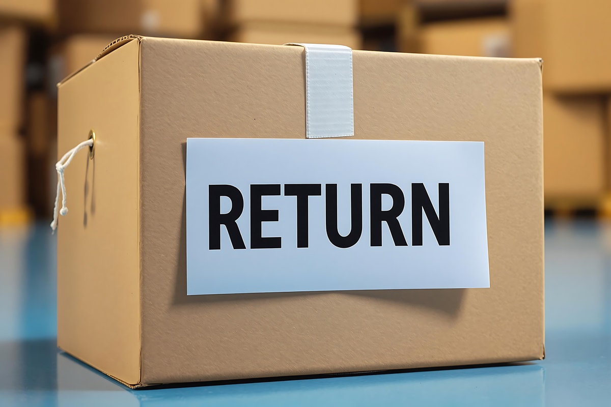 Cardboard box labeled return symbolizing online shopping return process and shipping back